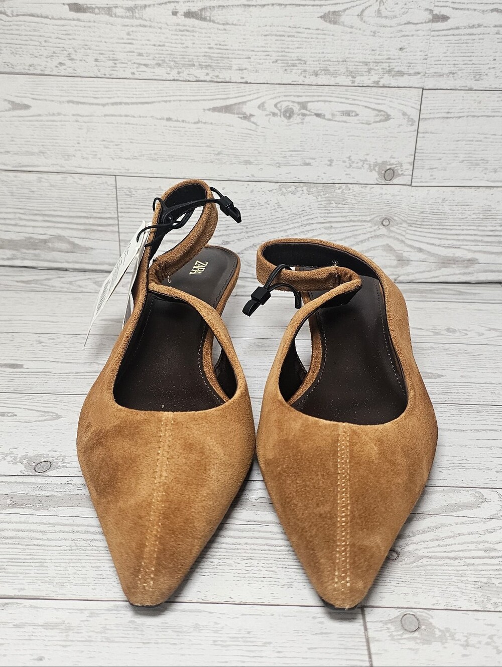 ZARA New Suede Leather Pointed Slingback Kitten Heel Pumps Tan Brown Size 36 / 6